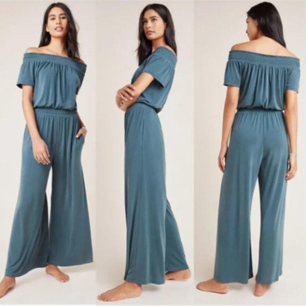 Anthropologie Saturday Sunday Jumpsuit Women Large Teal Rebecca Off The Shoulder